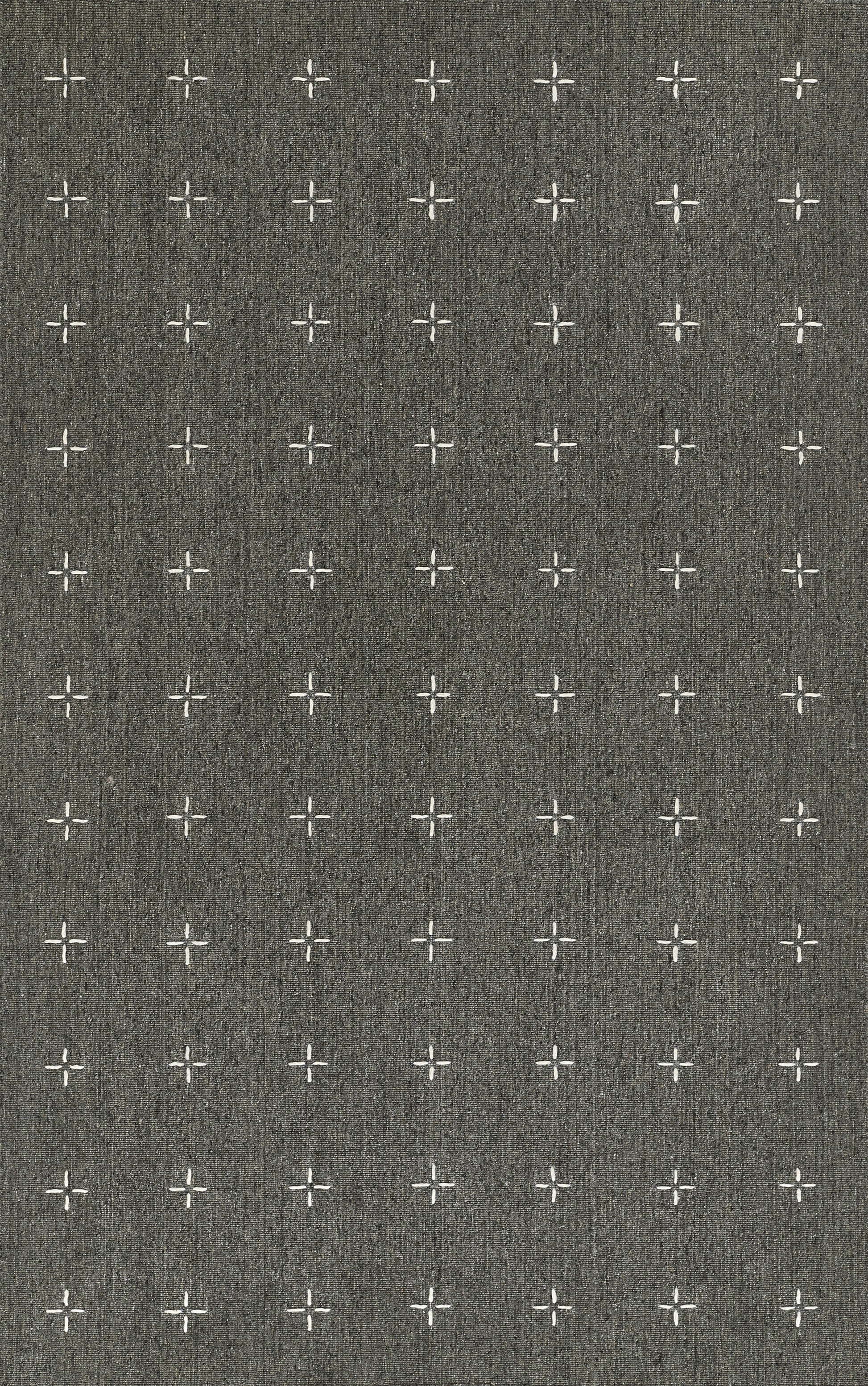 Grey textured fabric with small white cross motifs in a repeating grid; modern minimalist upholstery and decor textile.