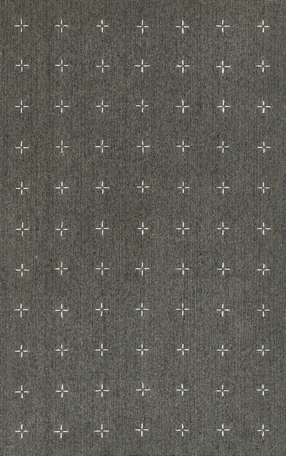 Grey textured fabric with small white cross motifs in a repeating grid; modern minimalist upholstery and decor textile.