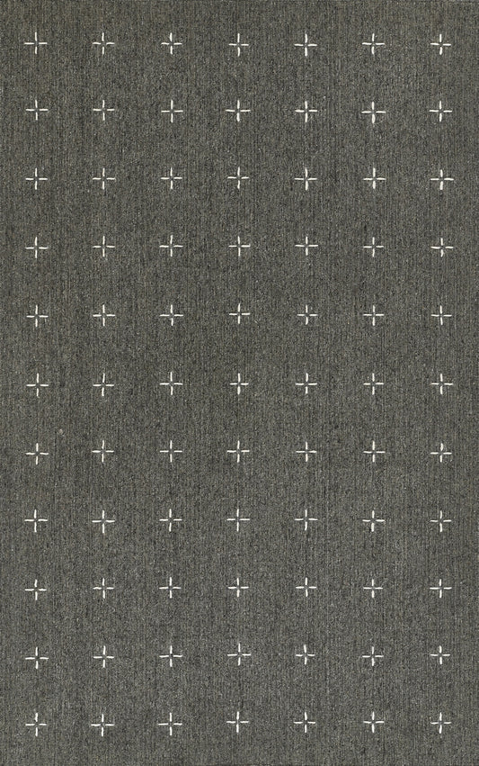 Grey textured fabric with small white cross motifs in a repeating grid; modern minimalist upholstery and decor textile.
