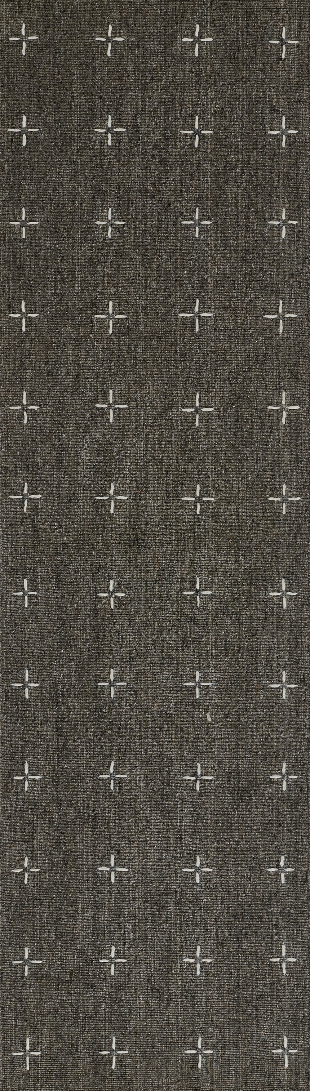 Charcoal brown textured rug with evenly spaced white cross motifs in a grid pattern; contemporary hallway runner.