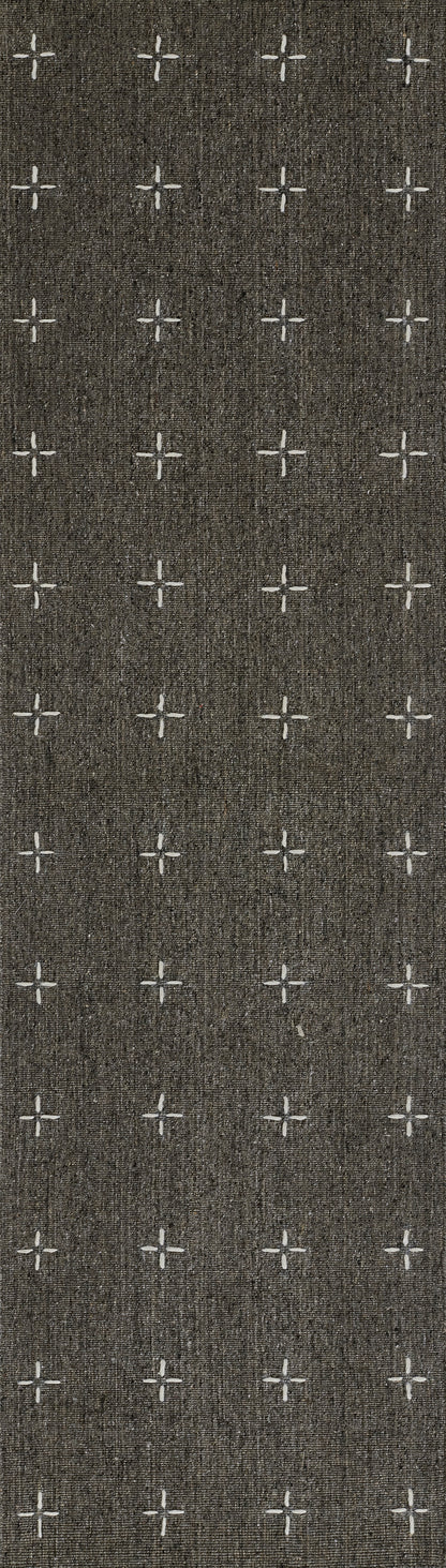 Charcoal brown textured rug with evenly spaced white cross motifs in a grid pattern; contemporary hallway runner.