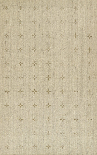 Natural beige linen-look rug with a woven grid of tiny taupe cross motifs; 8' x 10'.
