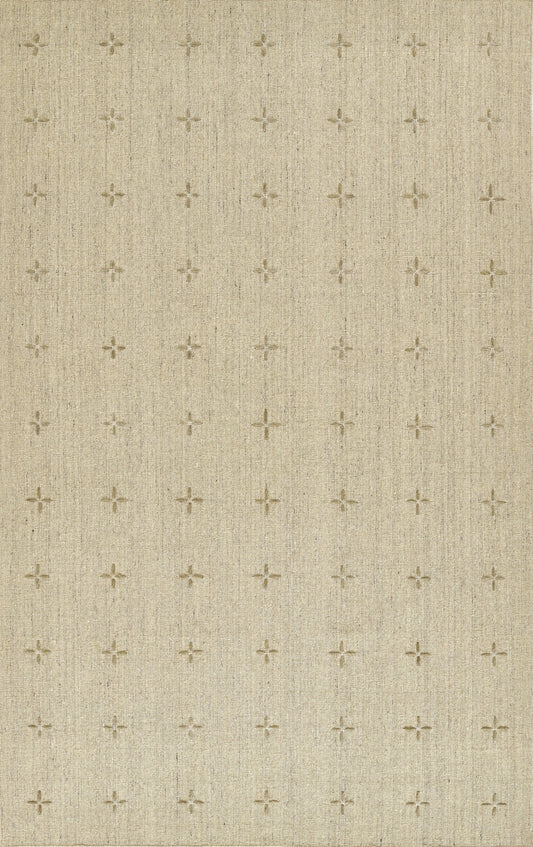 Natural beige linen-look rug with a woven grid of tiny taupe cross motifs; 8' x 10'.