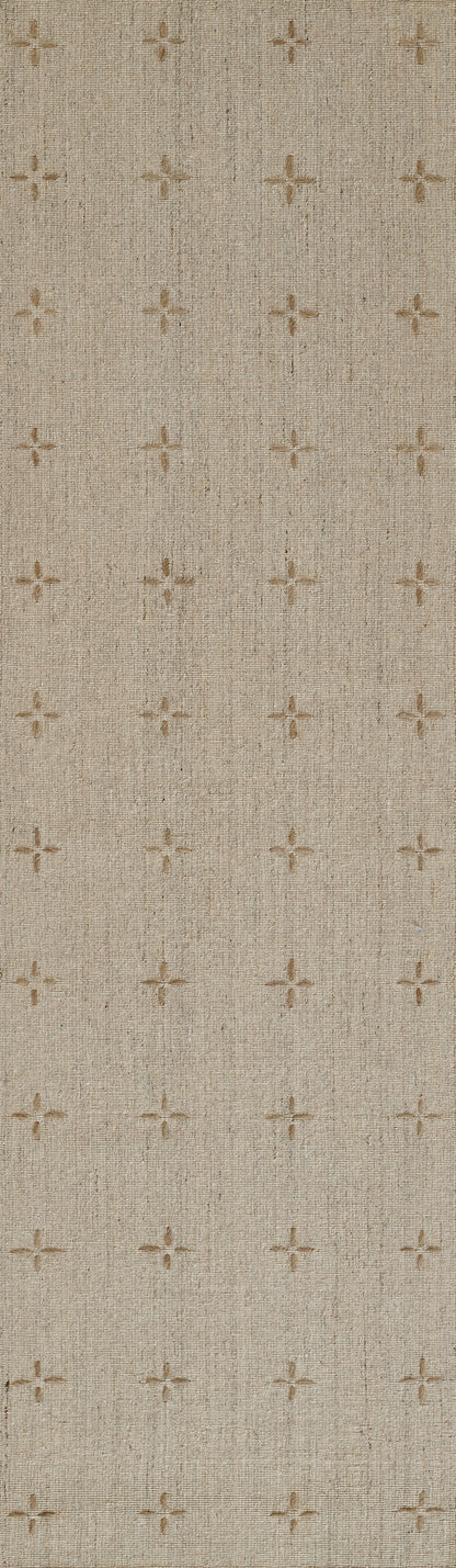 Beige linen-look woven rug with small cross motifs in a repeating pattern.