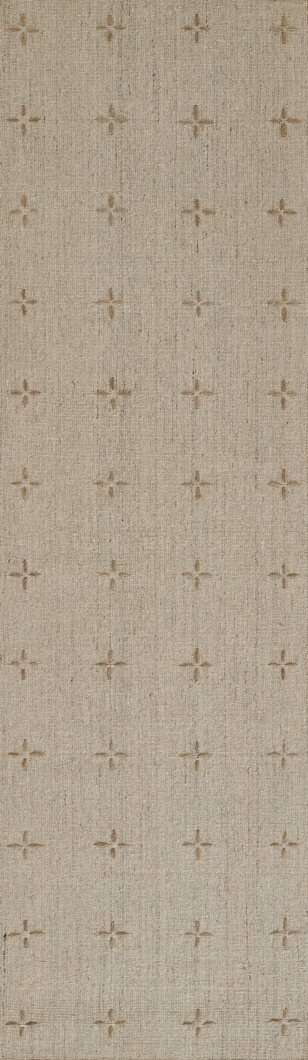 Natural beige jute rug with subtle tan cross motifs arranged in a grid pattern.