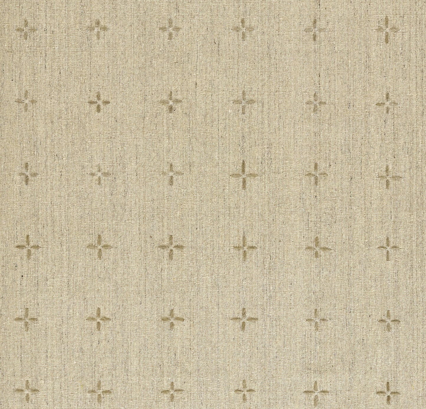 Olive and natural woven rug with a subtle repeating cross motif; textured, neutral area rug.