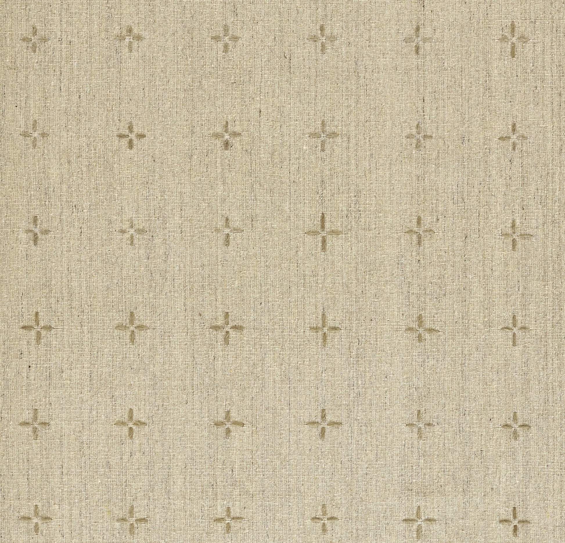Beige linen-like rug with tiny embossed cross motifs; natural, subtle texture (9' x 12').