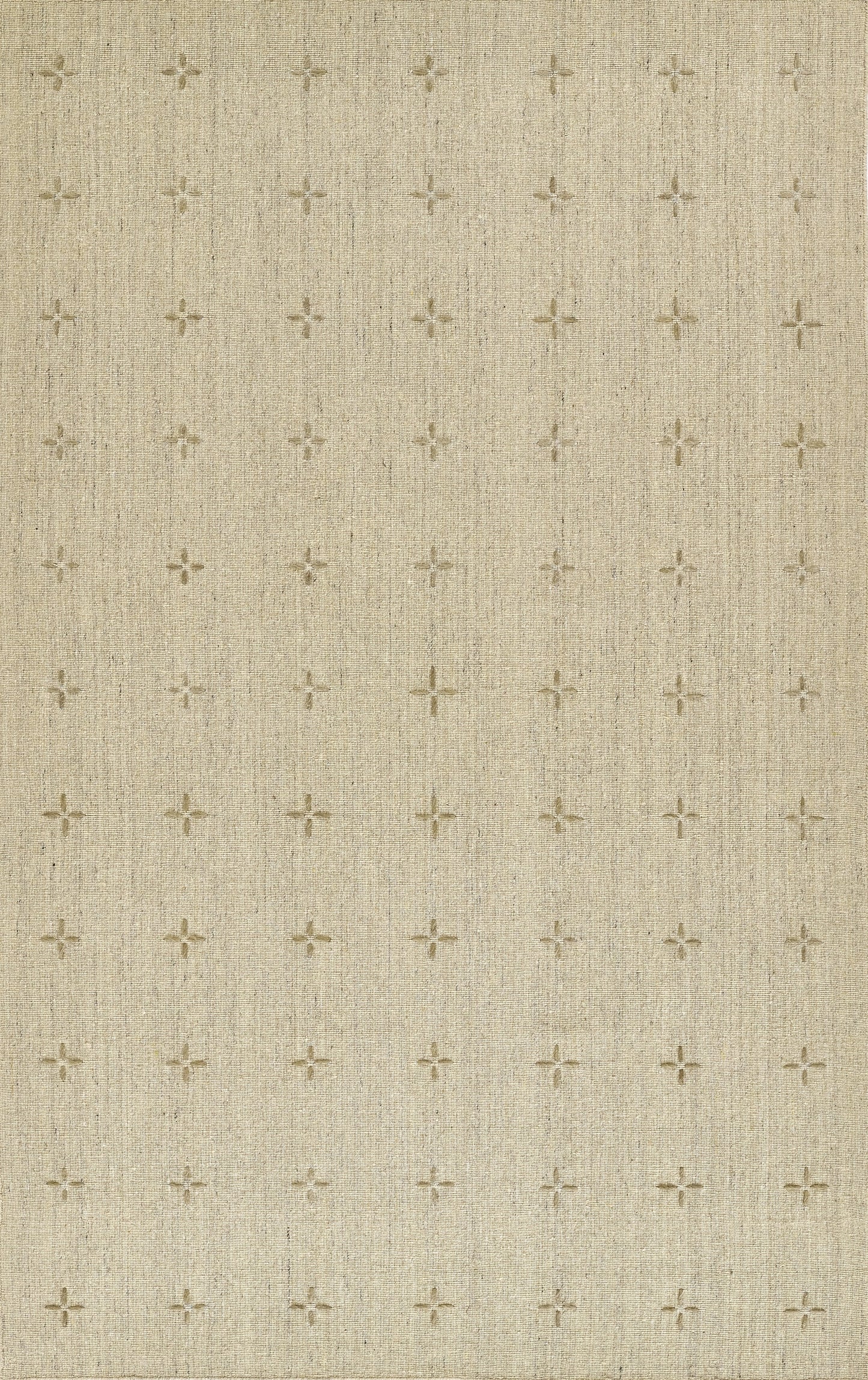 Beige natural linen fabric with small tan cross motifs in a subtle repeating pattern.