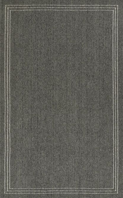 Gray textured rectangular rug with white stitched double border; modern minimalist home decor.