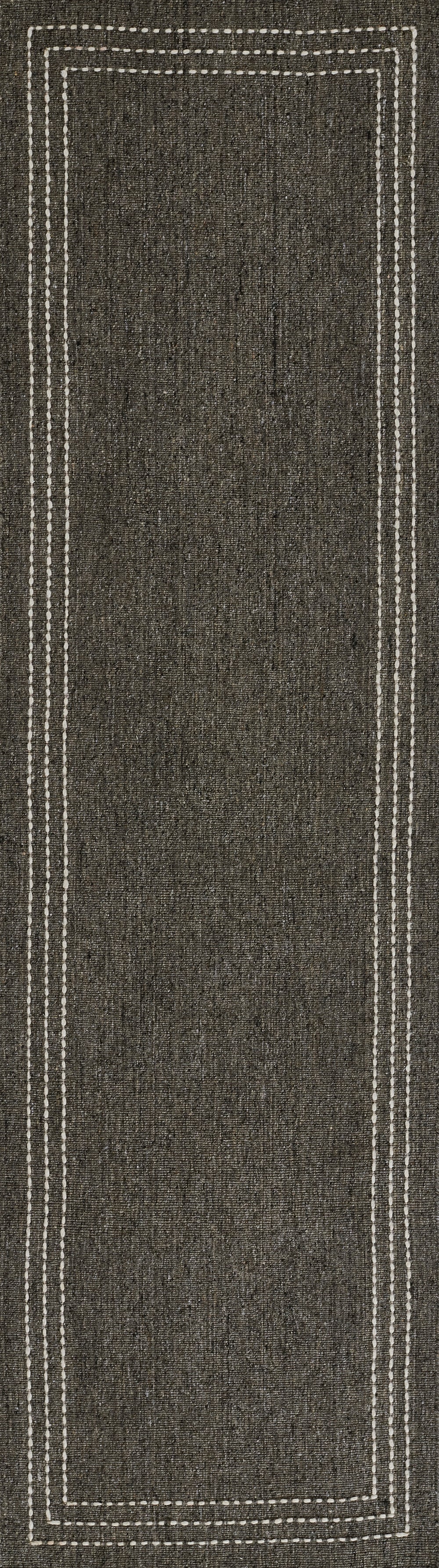 Dark brown textured area rug, rectangular with white stitched double border for a modern minimalist look, 9' x 12'.