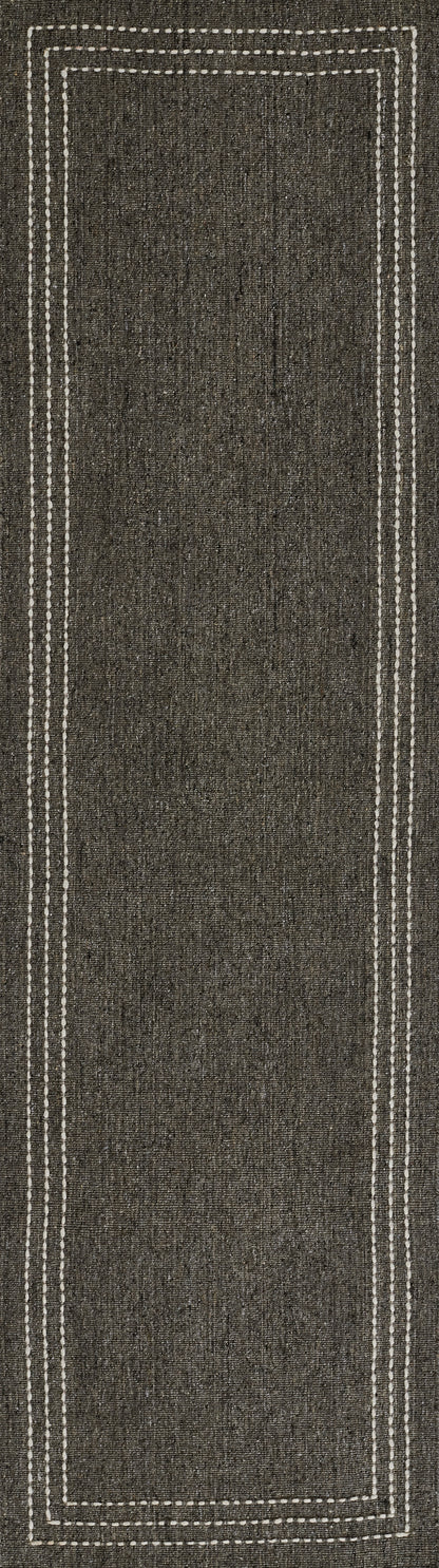 Charcoal textured area rug with double white stitched borders; rectangular, modern minimalist decor.