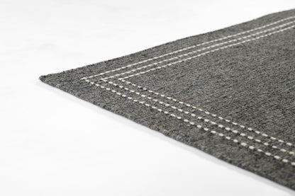 Gray textured runner rug with white stitched border and dotted inner trim; rectangular, modern home decor
