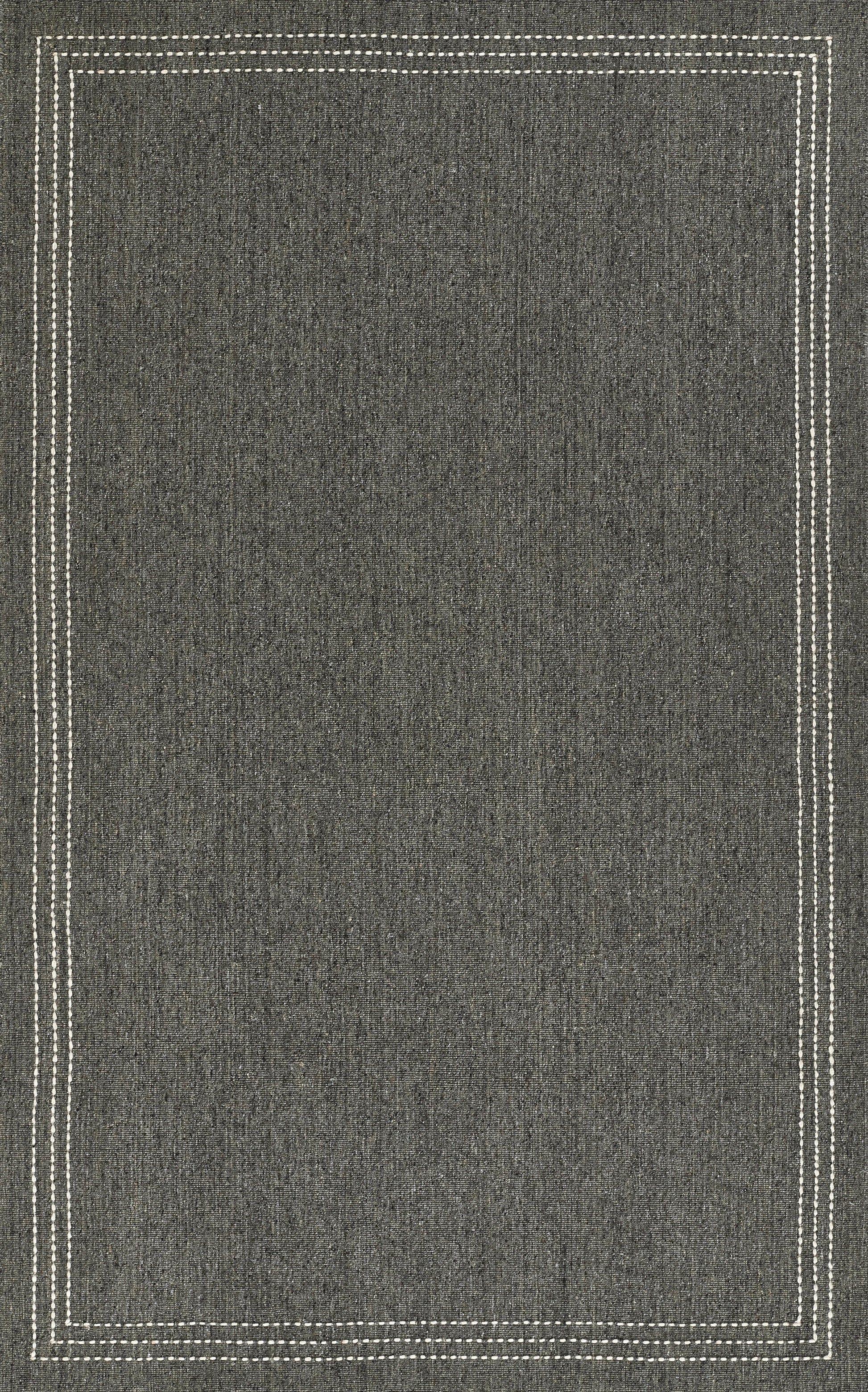 Dark gray textured rug with white double-stitch border, rectangular.