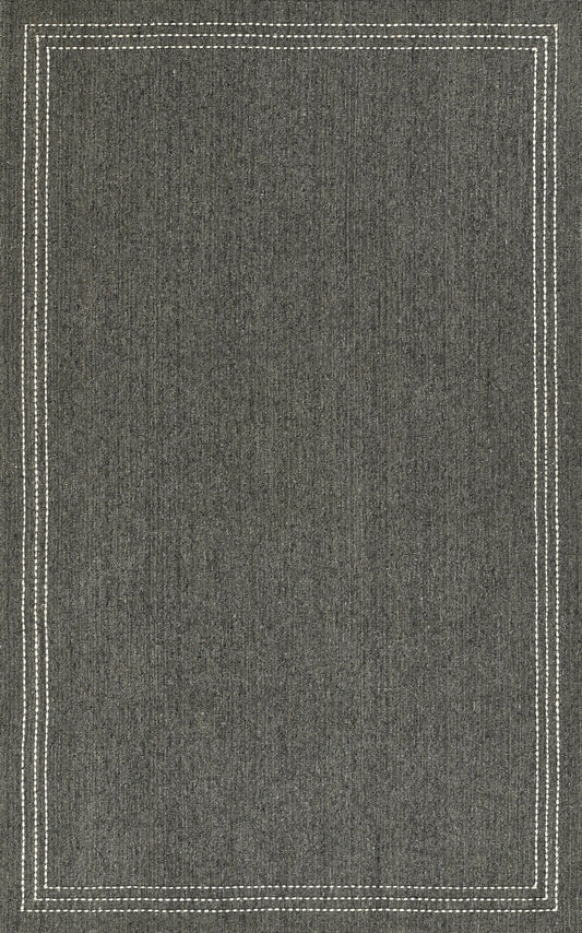 Dark gray textured rug with white double-stitch border, rectangular.
