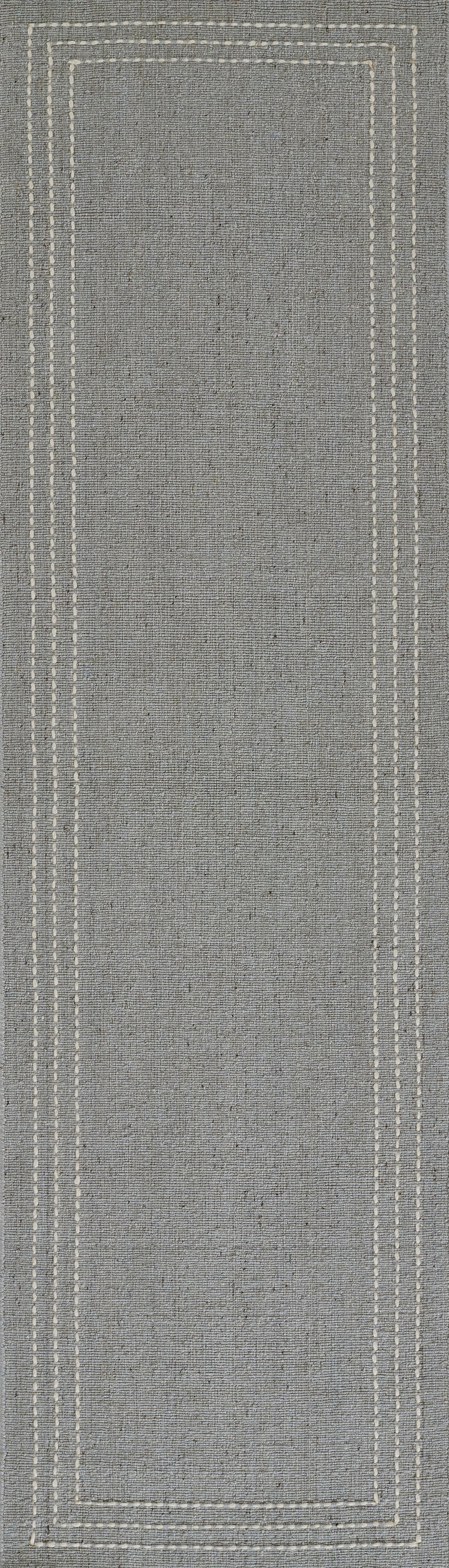 Grey linen fabric with double white stitched rectangular frame; minimalist decorative cushion cover.