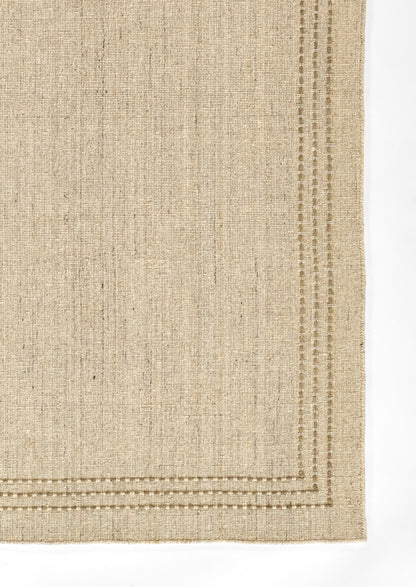 Beige natural jute rug with double stitched border, rectangular rustic area rug.