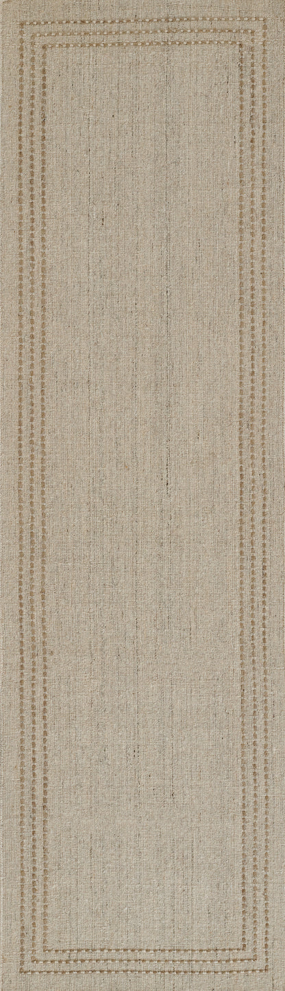 Natural beige woven rug with brown stitched border; simple rectangular jute texture, neutral floor covering for living spaces.