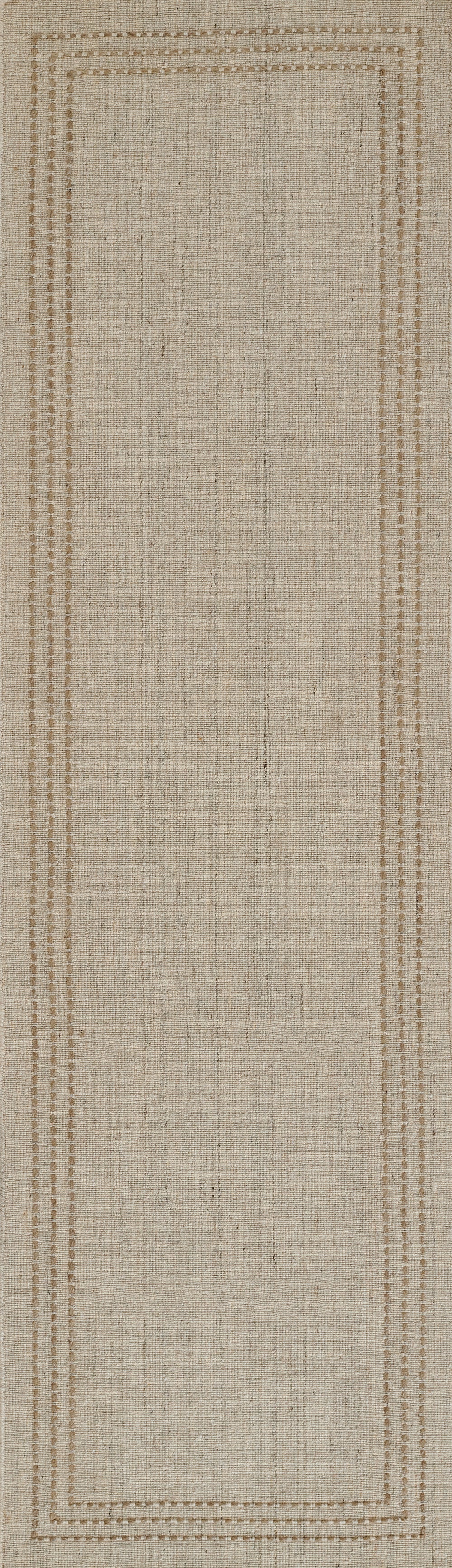 Beige natural jute area rug with taupe stitched border; flat-weave, rustic rectangular rug, 8' x 10'.