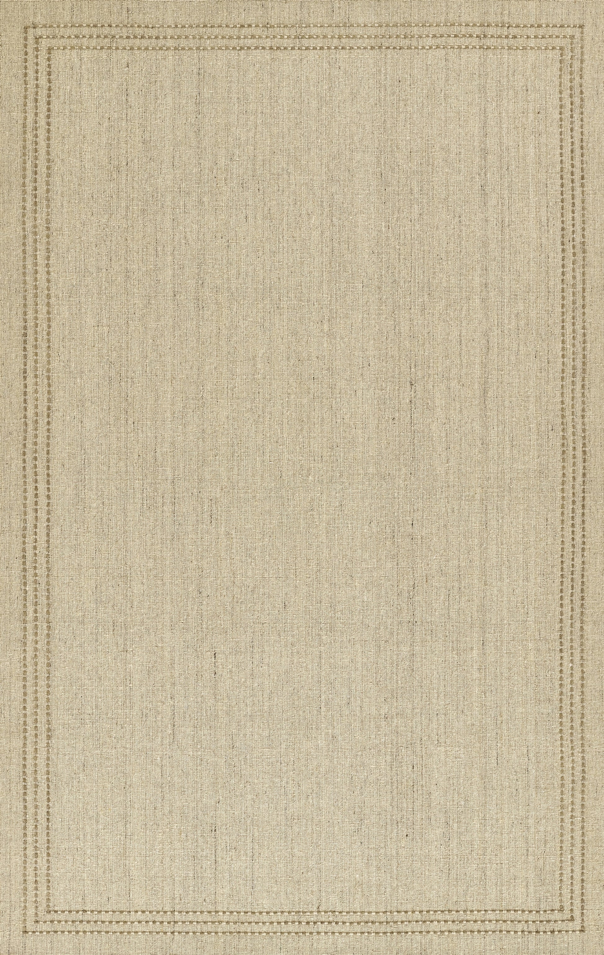 Beige natural-fiber woven rug with a double-stitched rectangular border and textured surface.
