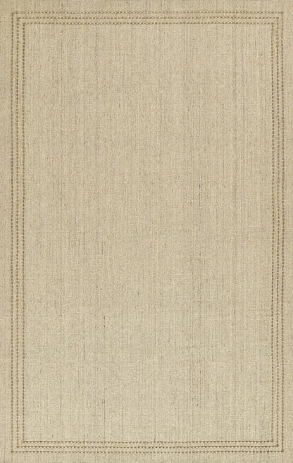 Beige natural-fiber woven rug with a double-stitched rectangular border and textured surface.