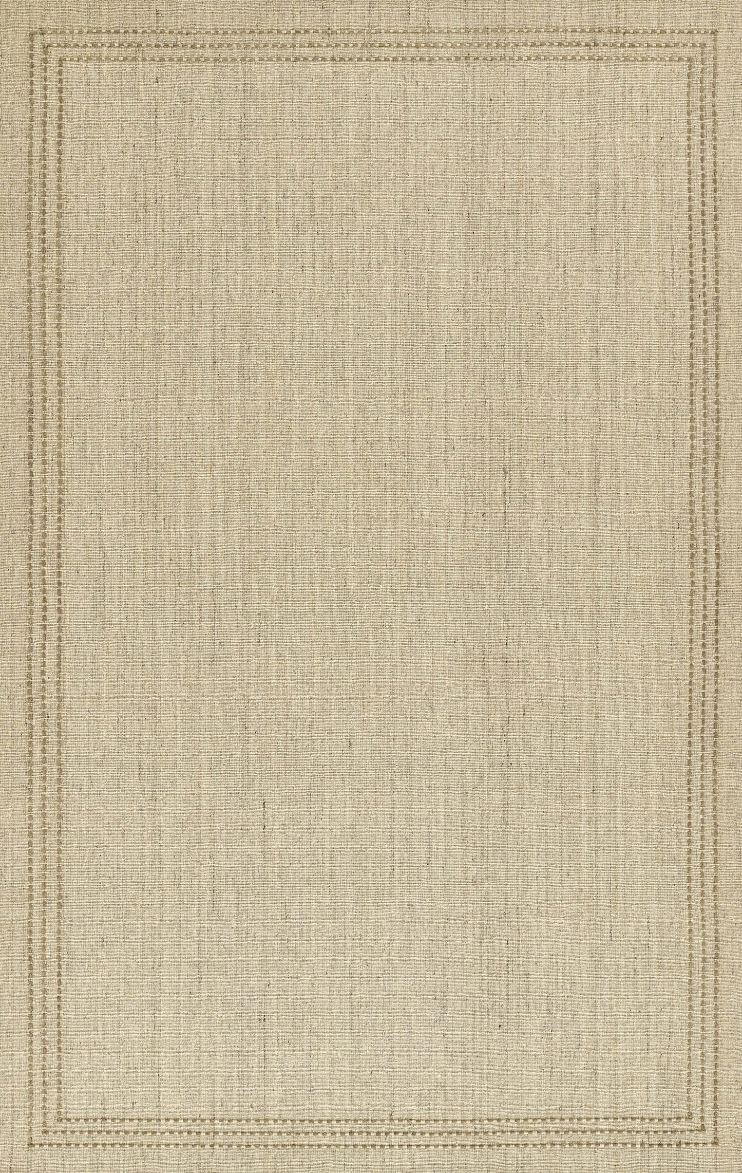 Natural beige woven rug with double-border detailing; rectangular, rustic jute-inspired texture for living room.