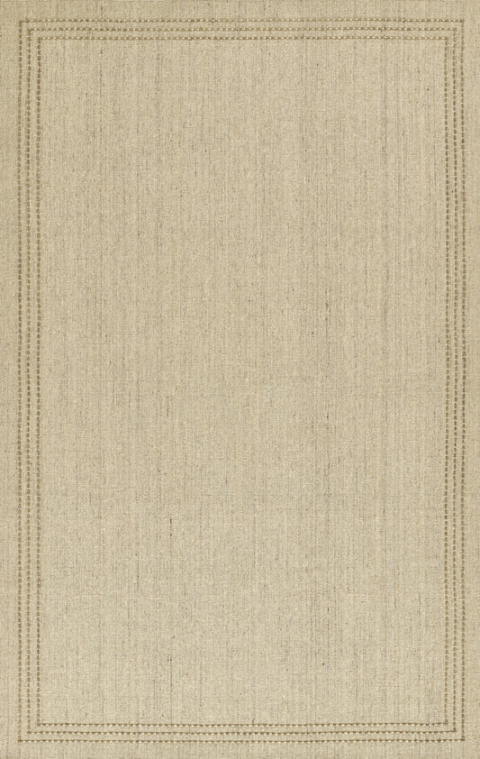 Natural beige woven rug with double-border detailing; rectangular, rustic jute-inspired texture for living room.