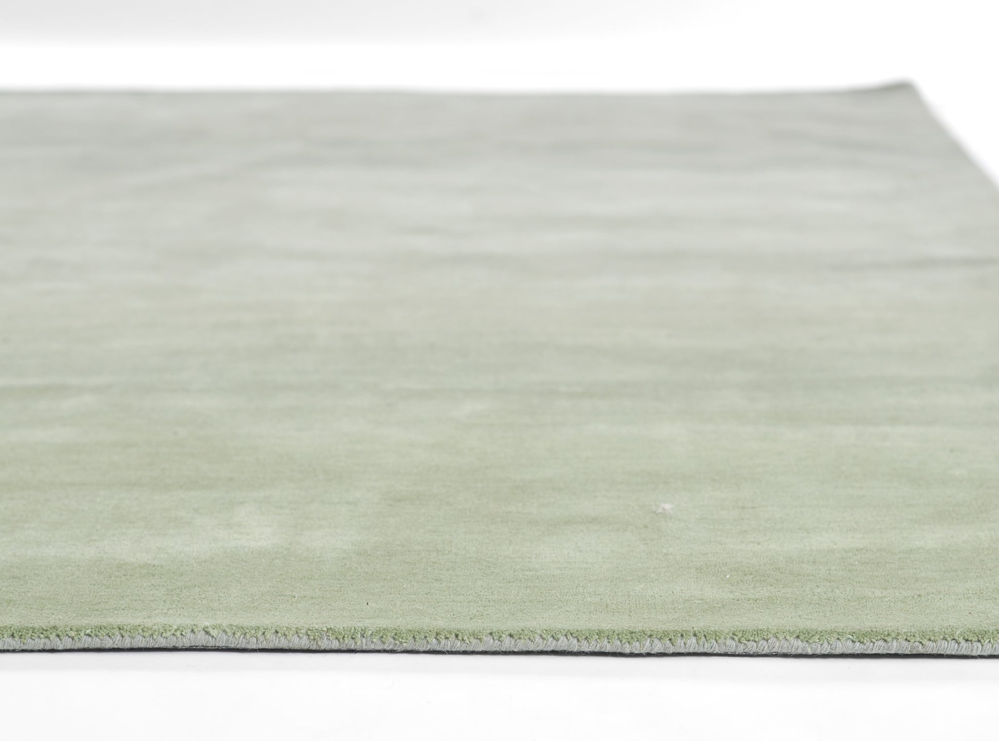 Subtle sage green ombre area rug with plush pile and fringed edge.