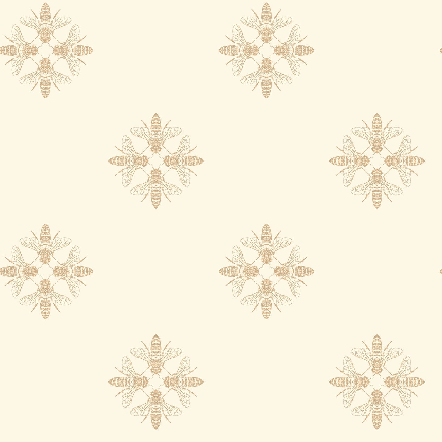 Beige honeybee pattern wallpaper with circular bee clusters on pale cream background; seamless repeating design.