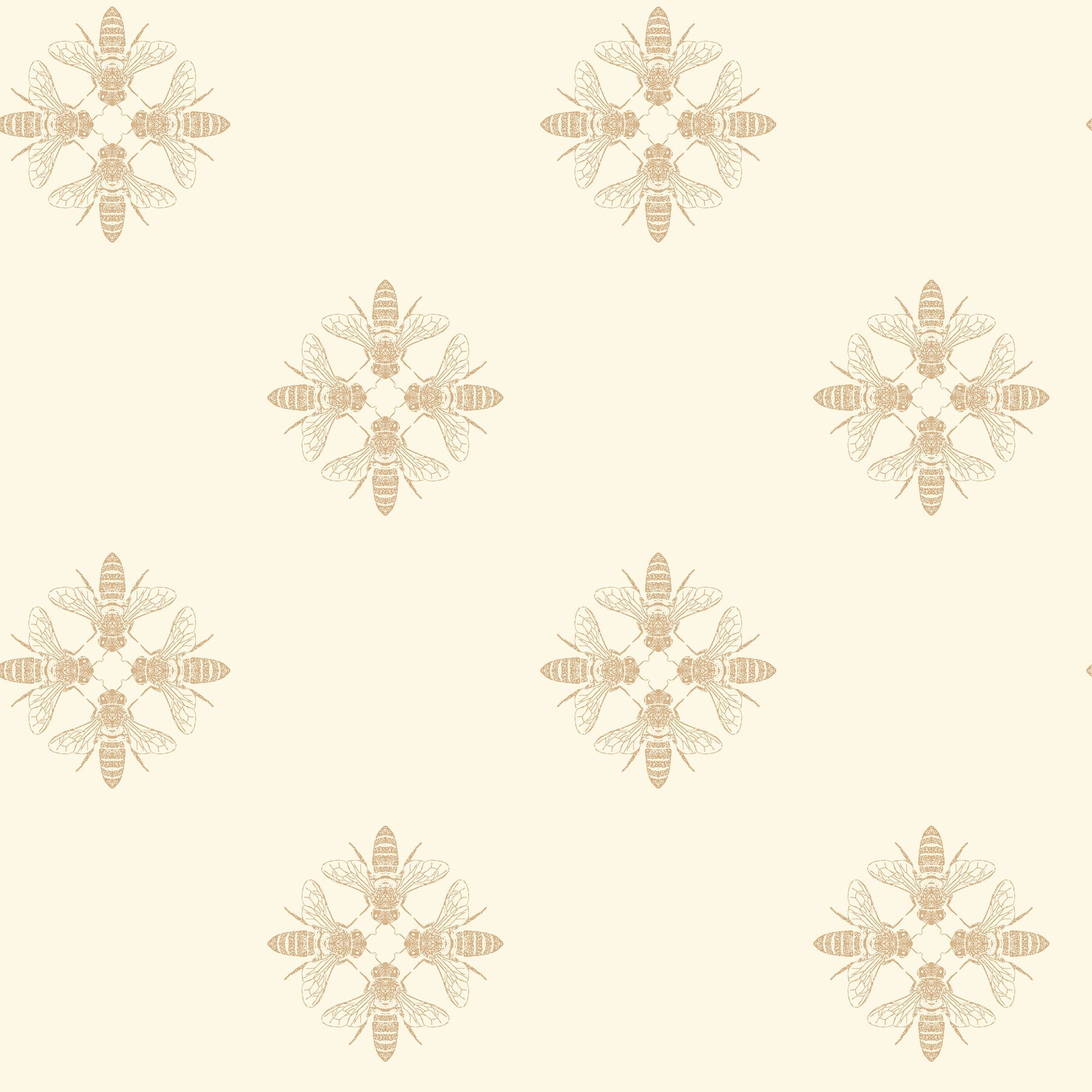 Beige honeybee pattern wallpaper with circular bee clusters on pale cream background; seamless repeating design.