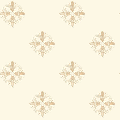 Beige honeybee pattern wallpaper with circular bee clusters on pale cream background; seamless repeating design.