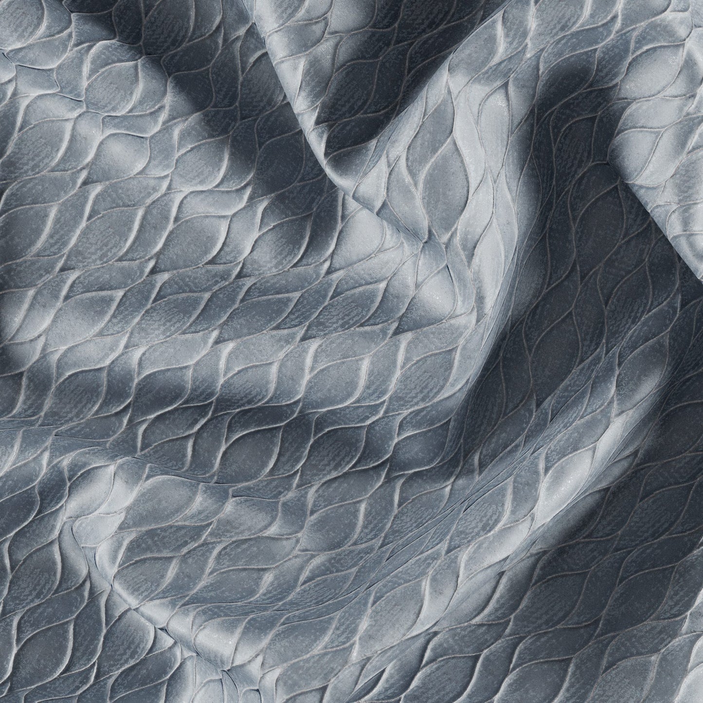 Blue and silver jacquard fabric with a metallic finish and abstract ogee texture.