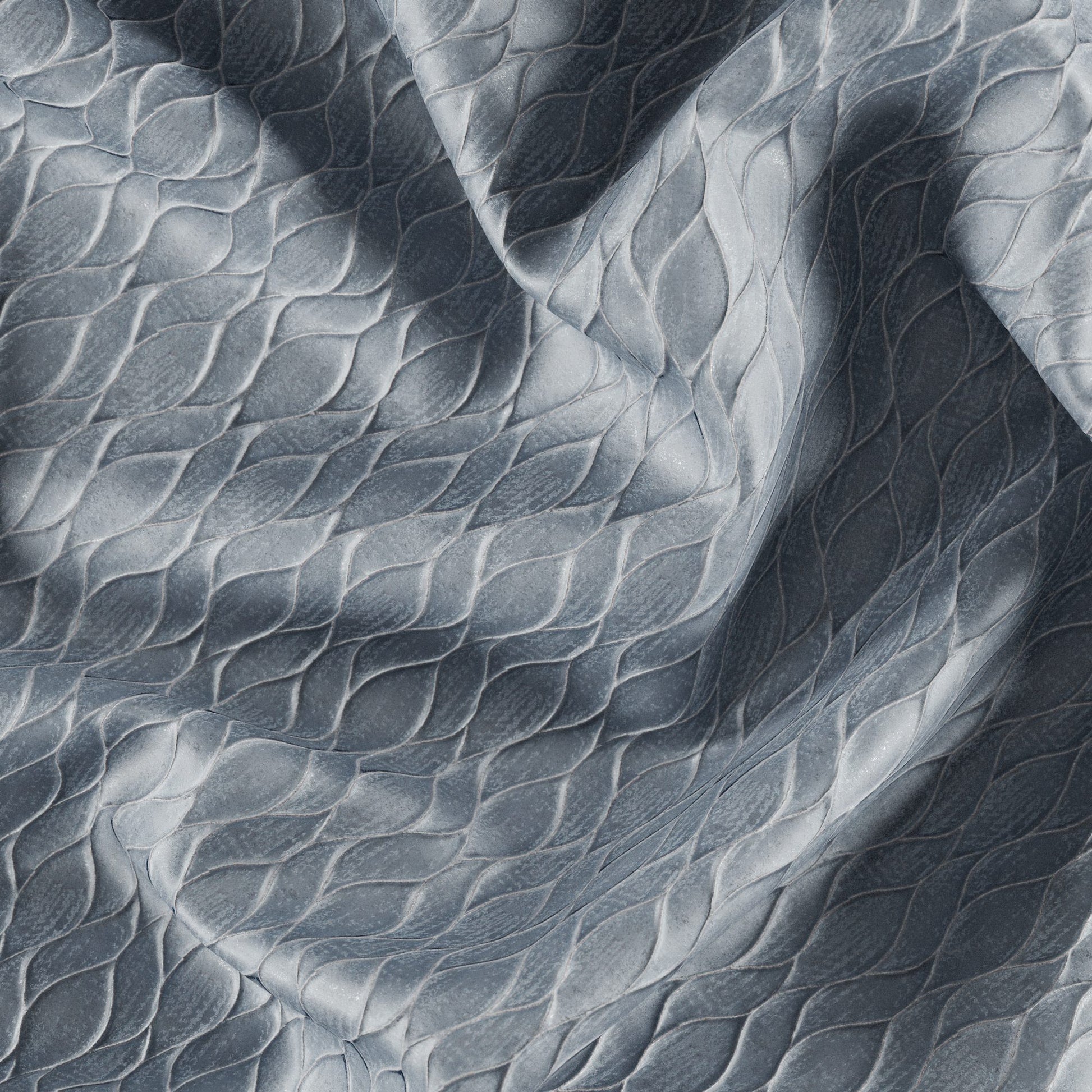 Blue and silver jacquard fabric with a metallic finish and abstract ogee texture.