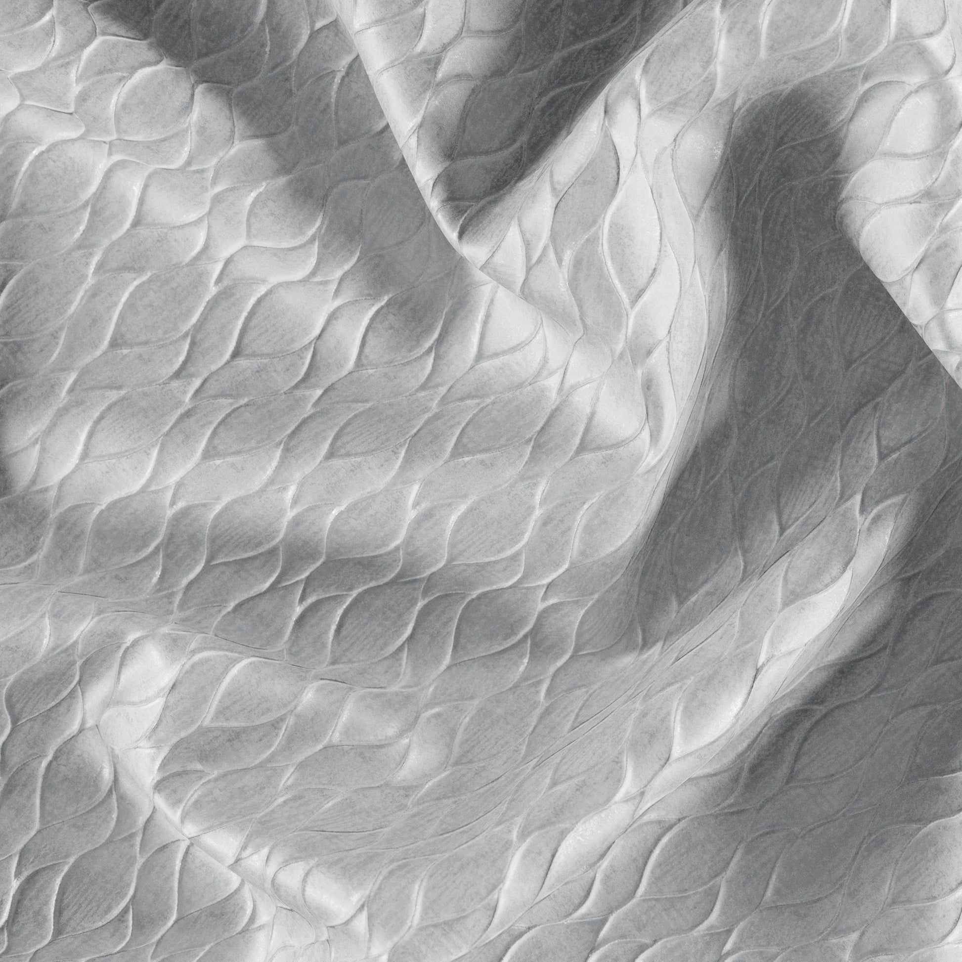 Close-up of metallic cream and silver jacquard fabric with an abstract ogee pattern and subtle texture.