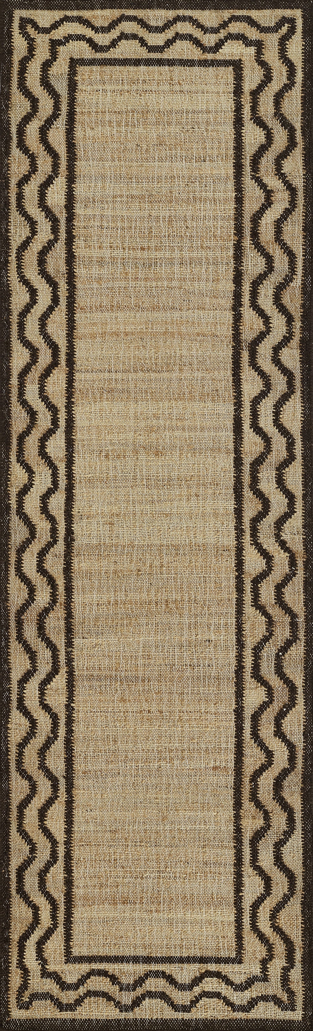 Beige woven area rug with a dark brown wavy border and an inner rectangular frame, natural textured look.