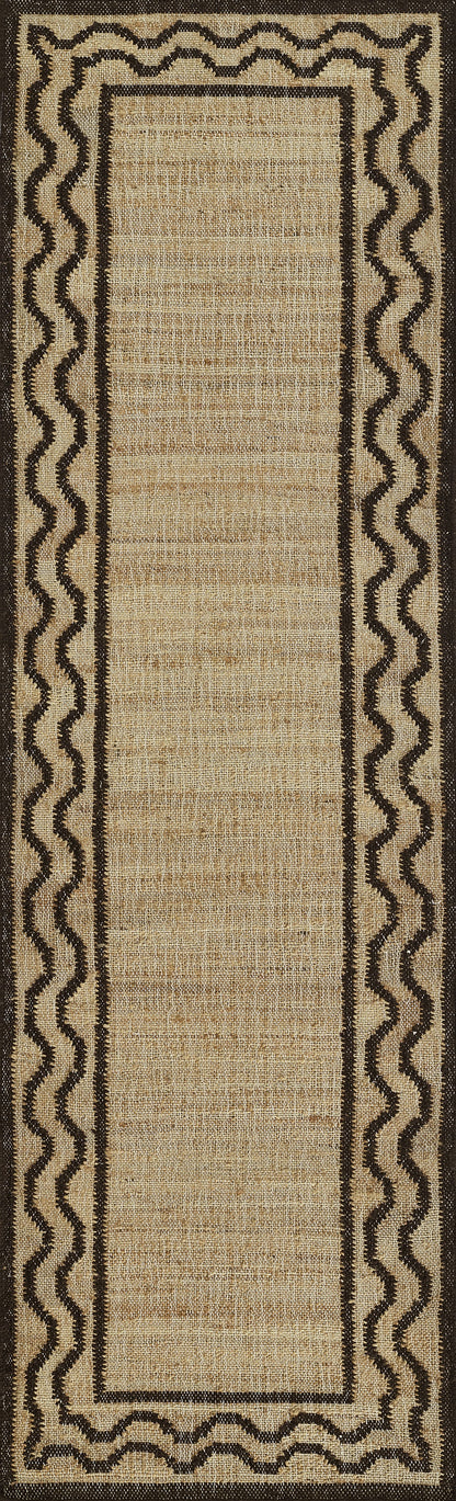Beige jute runner rug with dark brown wavy border and inner frame, natural woven texture.