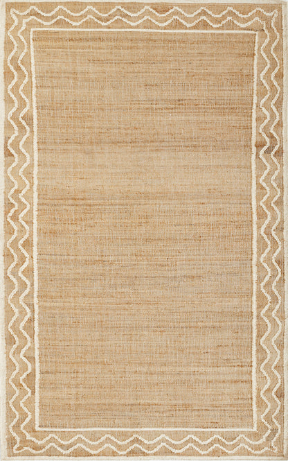 Natural beige woven rug with cream wavy border and simple inner frame; rectangular jute-style texture.
