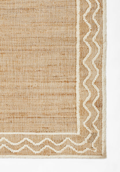 Natural beige flat-weave rug runner, 2'3" x 8', with cream wavy border along edges; rustic, jute-like texture.