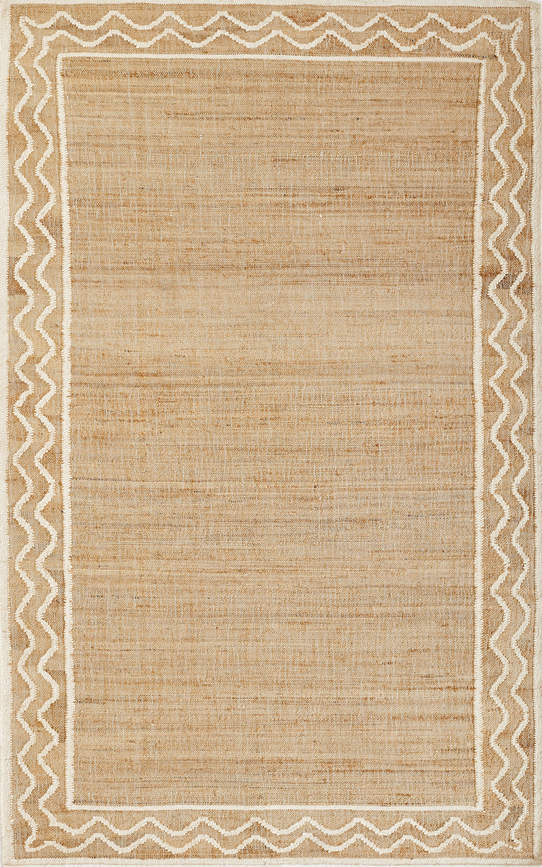 Natural jute rug with white zigzag border and tan center; rectangular, casual coastal style.
