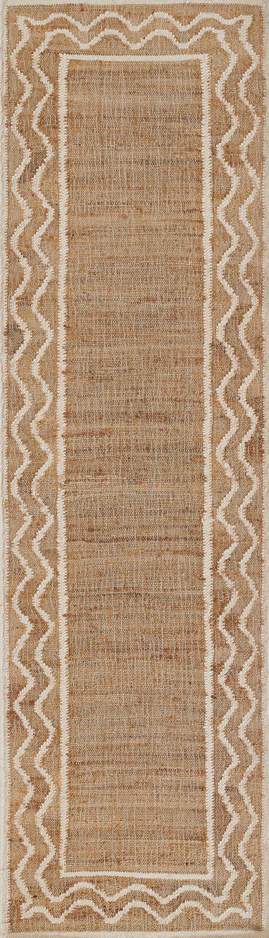 Natural tan jute runner with cream inner frame and white wavy border along edges.