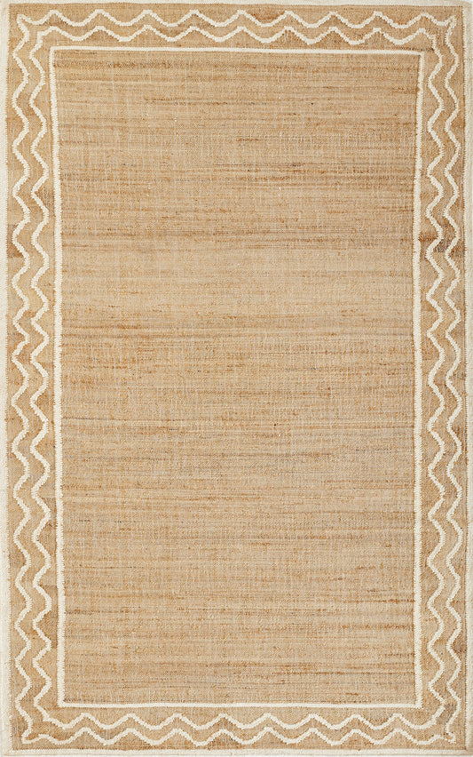 Natural beige jute rug with a white zigzag border and inner cream frame; rectangular Boho living room rug.