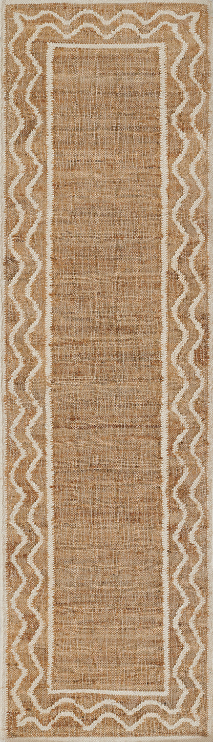 Natural tan jute rug runner with white wavy border and inner rectangular frame, textured weave.