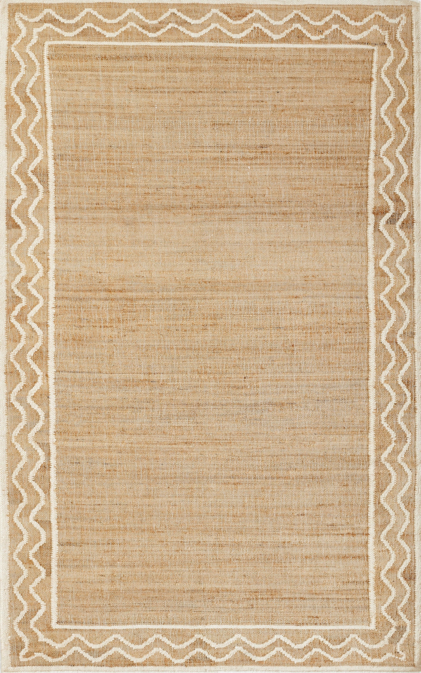 Natural beige jute rug with white zigzag border and inner trim; rectangular casual coastal style.