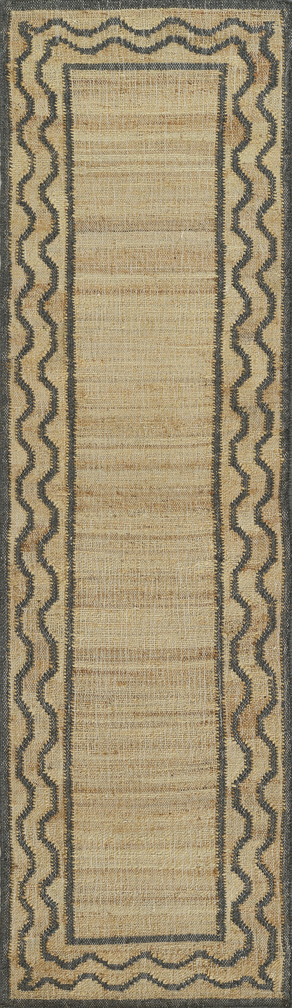 Beige jute-look runner rug with charcoal wavy border and inner frame; textured natural fibers.