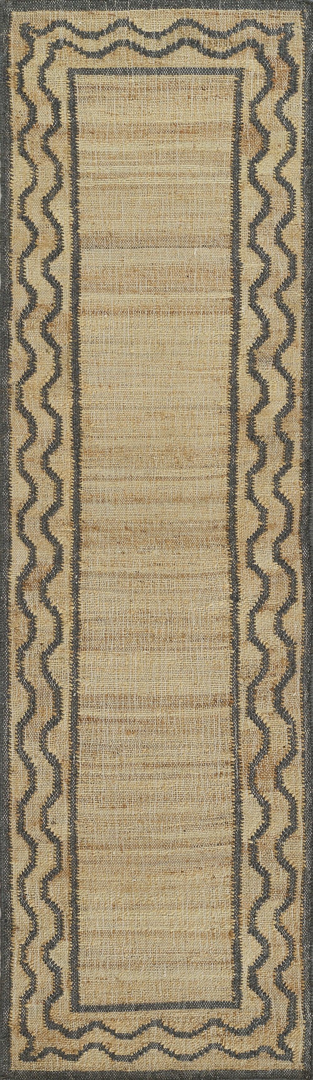Beige woven area rug with a dark wavy border and inner frame; rustic textured natural fiber; 8' x 10'.