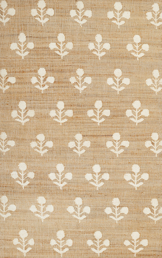 Beige linen-like rug with a repeating white orchid-style floral motif and natural woven texture.