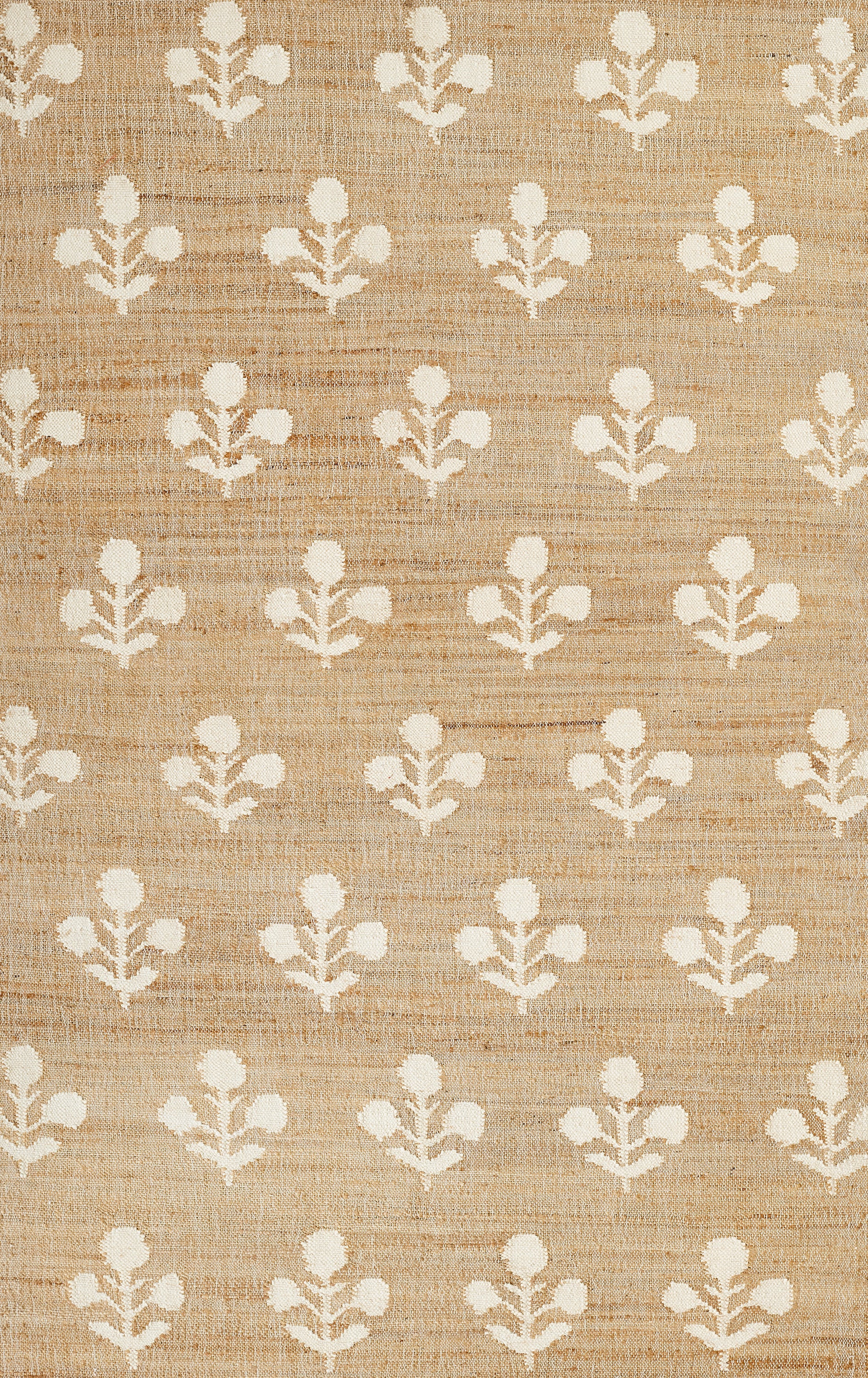 Natural beige linen fabric with a repeating white floral motif, rustic botanical pattern for upholstery or curtains.