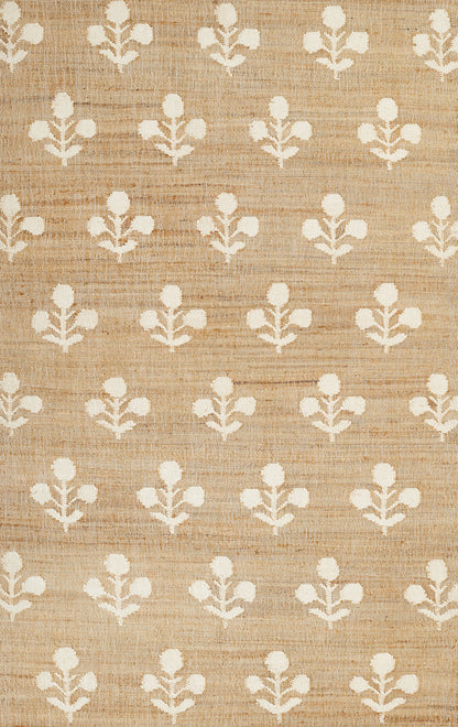 Natural beige burlap-like rug with a repeating white floral motif; rustic linen texture for floor decor.