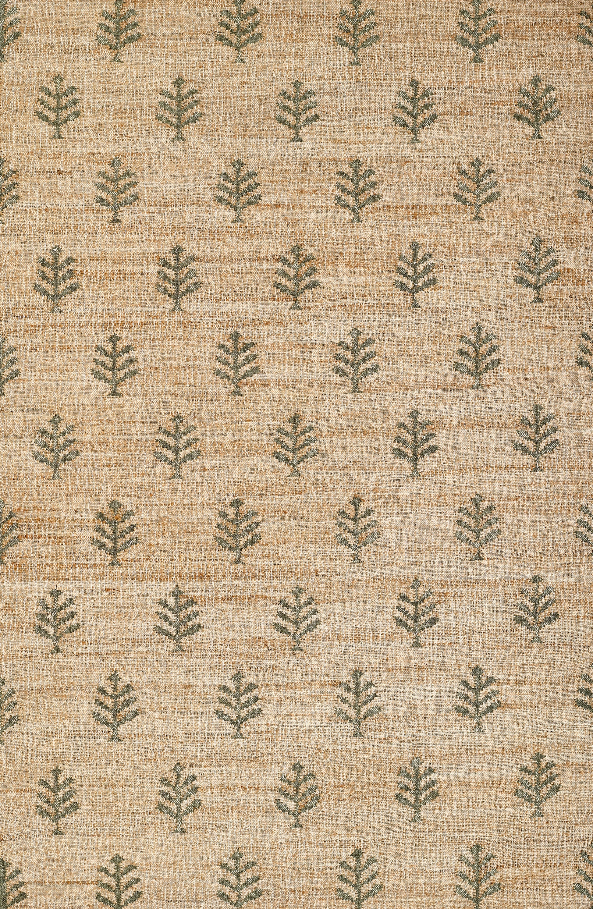 Natural jute rug with olive-green leafy motif in evenly spaced rows; textured weave.
