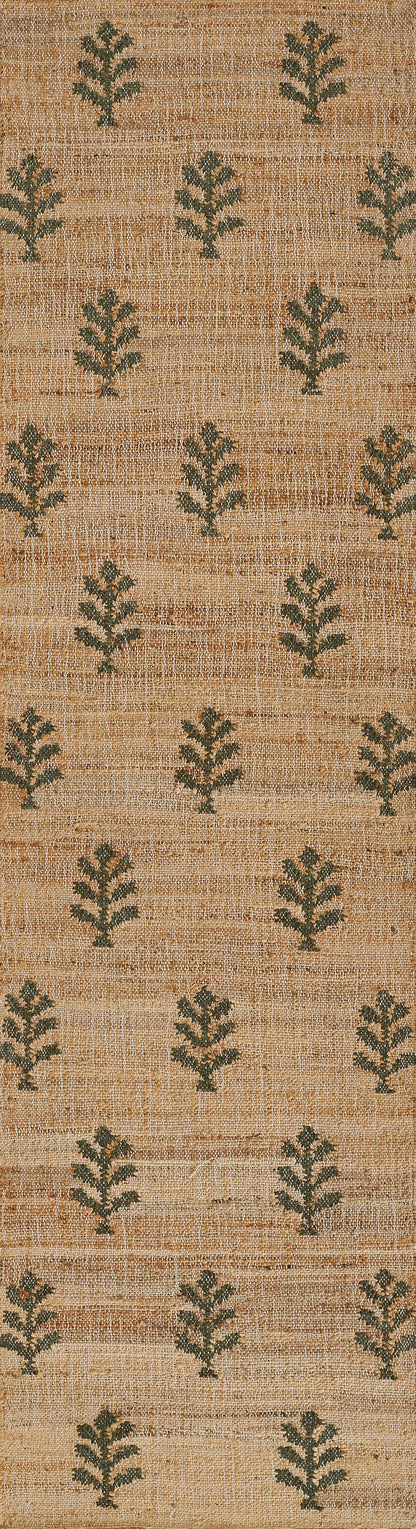 Beige woven rug with dark green leafy motifs in a repeating vertical pattern, rustic texture.