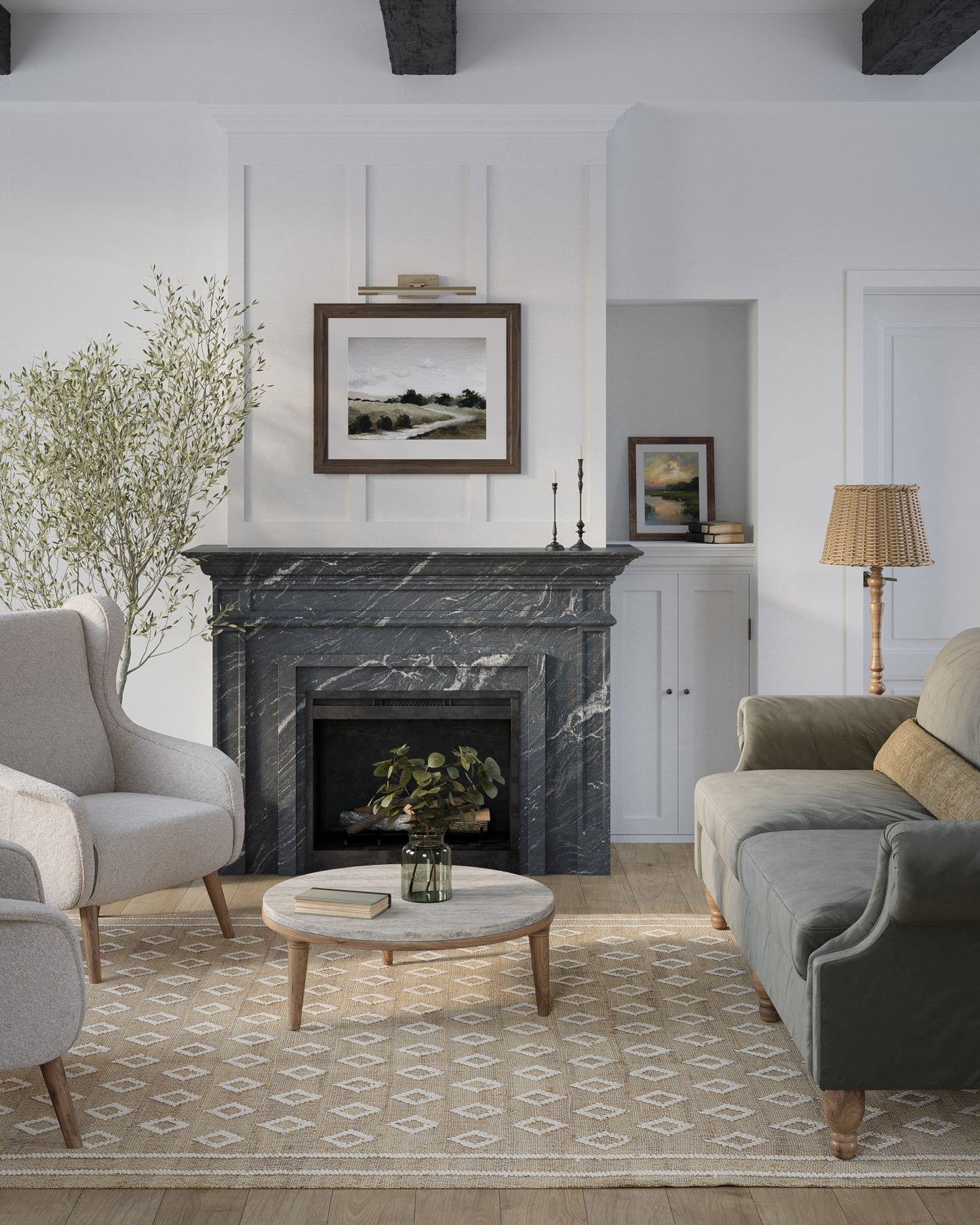 Living room with black marble fireplace, white paneled walls, beige armchair, green sofa, round marble coffee table, rug